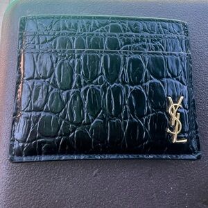 YSL Cassandre Card Case Crocodile-Embossed Matte Leather-Black & Gold
